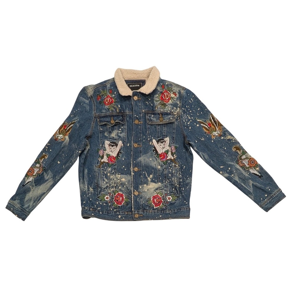 Reason Denim Sherpa Trucker Jacket L Death Before Dishonor Embroidery Distressed - Picture 2 of 14
